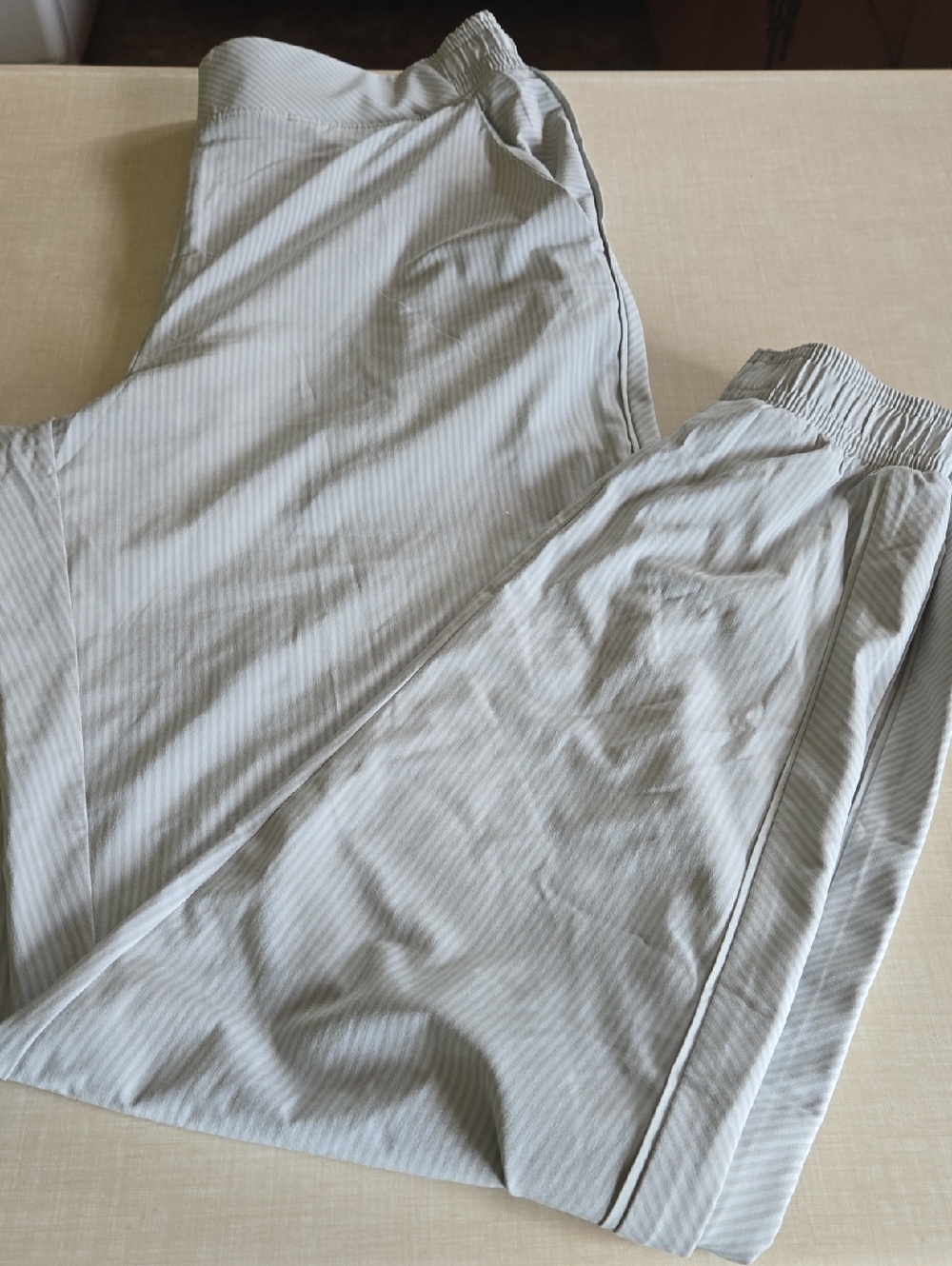 Athleta Light Green  Pinstripe  Elastic-Waist Pants..cuffed bottoms